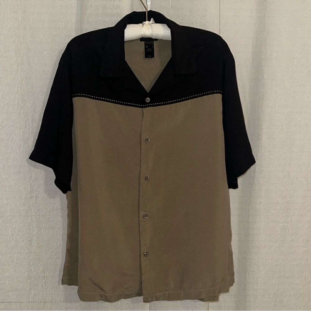 Liz Claiborne L Black Tan Silk Color Block Short Sl Casual Button Down Shirt